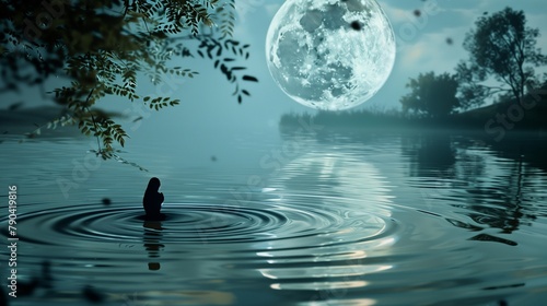 Curse of the Moonlit Lake: A Naiad's Lament On the serene surface of a secluded lake photo
