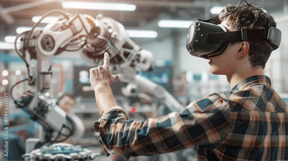 Tech developer wearing virtual reality headset at robotic workshop