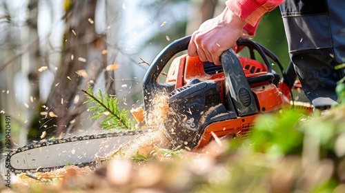 Close-up of man cutting trees from forest or garden with chainsaw and tools photo