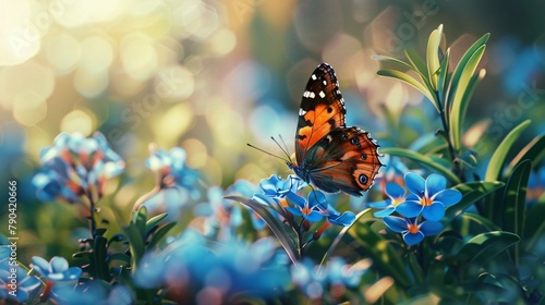 Butterfly on a branch with flowers. Beautiful Spring or summer nature background