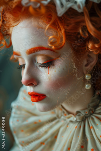 A beautiful female clown in costume with orange hair and clown makeup 