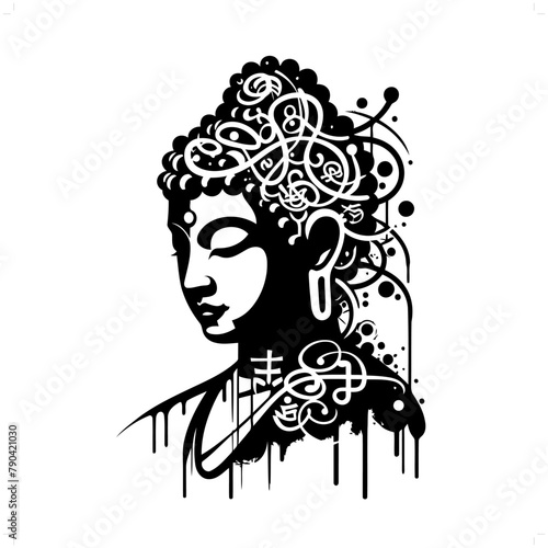 buddha silhouette, deity in graffiti tag, hip hop, street art typography illustration.