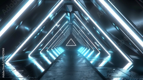 3d rendering of dark abstra,,ct sci-fi tunnel, Futuristic triangle spaceship corridor.