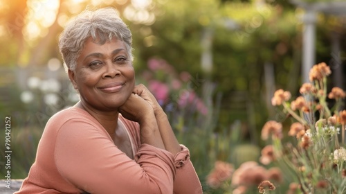 A mature biracial senior woman enjoys a sunny day in the garden, with copy space unaltered photo