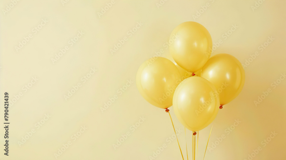 celebration: yellow round helium air balloons on side of pastel colored light background with empty copy space for text celebration: yellow round helium air balloons on side of pastel colored light background with empty copy space for text