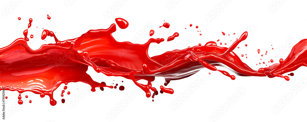 Red liquid splashes isolated on a white background. Red sauce, ketchup or paint splashes in the air in the style of flowing down isolated on a white background, generative AI Red liquid splashes isolated on a white background. Red sauce, ketchup or paint splashes in the air in the style of flowing down isolated on a white background, generative AI