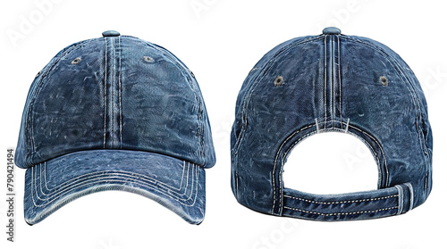 Distressed denim baseball cap mockup isolated on white, showcasing front and back views with detailed textures, perfect for fashion design and streetwear branding