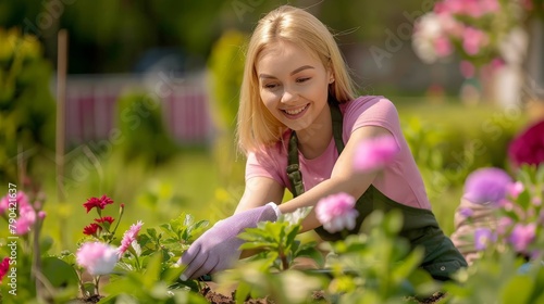 Happy gardener woman in gloves and apron plants flowers on the flower bed in home garden. Gardening and floriculture. Flower care