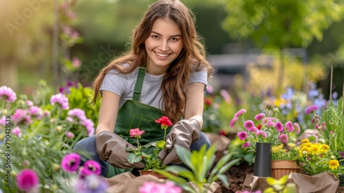 Happy gardener woman in gloves and apron plants flowers on the flower bed in home garden. Gardening and floriculture. Flower care photo