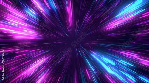 Purple blue abstract radial lines geometric background. Data flow. Optical fiber. Explosion star. Motion effect. Background