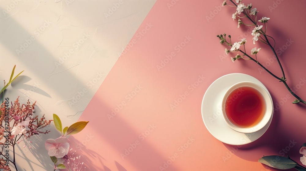 Cup of tea with flowers on dual-tone background - obrazy, fototapety, plakaty 