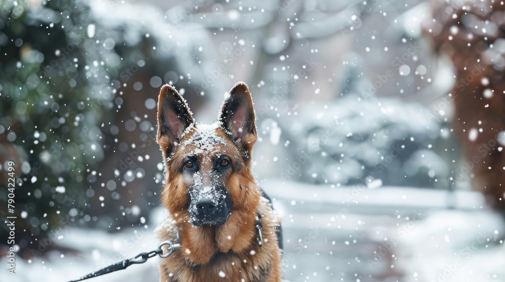 German Shepherd canine on a lead outside during a wintry day German Shepherd canine on a lead outside during a wintry day