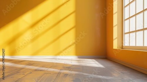 Empty room with yellow walls, sunlight through window casting shadows on floor