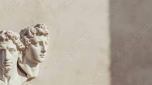 Two classical bust sculptures against textured background with shadow photo