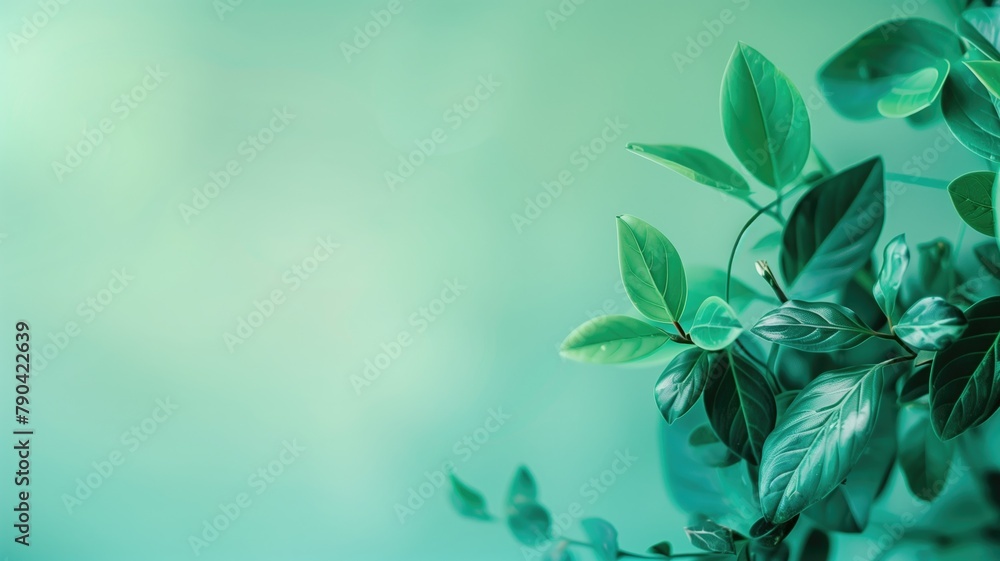 Lush green leaves against soft teal background Lush green leaves against soft teal background