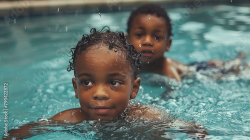 young black children learning to swim in a swimming pool  