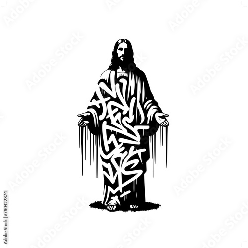 jesus silhouette, people in graffiti tag, hip hop, street art typography illustration.