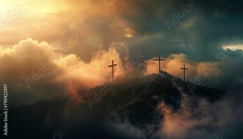The Christianity themed on a background with dramatic at dawn  the spirit of preaching the Gospel throughout the world. A beautiful sea of       clouds  dark clouds and sky and sunbeams