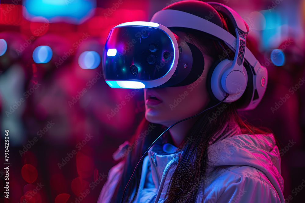 A gamer immersing themselves in a virtual reality adventure, escaping into a world of fantasy and excitement. Concept of immersion and entertainment. Generative Ai. A gamer immersing themselves in a virtual reality adventure, escaping into a world of fantasy and excitement. Concept of immersion and entertainment. Generative Ai.