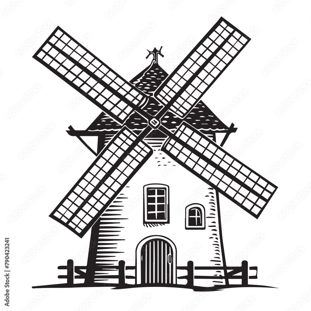 Windmill in cartoon, doodle style . Image for t-shirt, web, mobile apps and ui. Isolated 2d vector illustration in logo, icon, sketch style, Eps 10, black and white. AI Generative