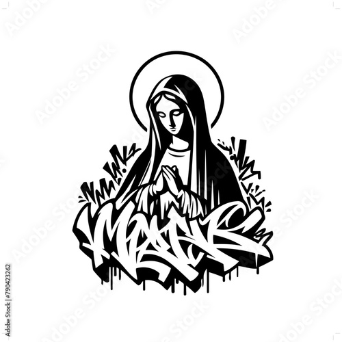 virgin mary silhouette, people in graffiti tag, hip hop, street art typography illustration.