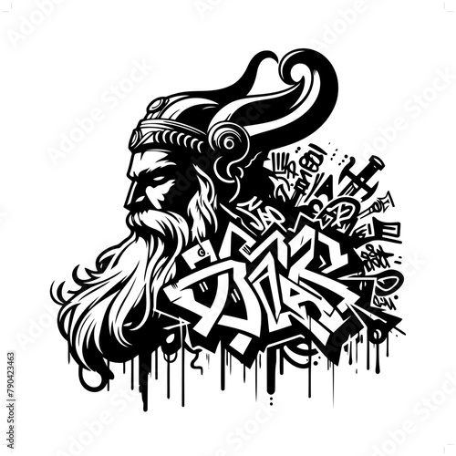 odin nordic deity mythology silhouette, deity in graffiti tag, hip hop, street art typography illustration.