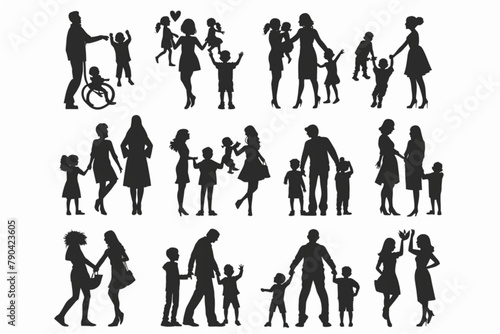 happy family silhouette collection vector icon, white background, black colour icon