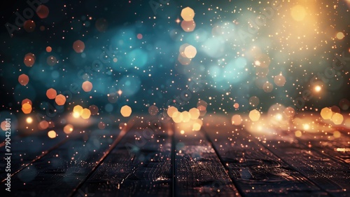 Bokeh lights with wooden surface and dreamy ambiance photo