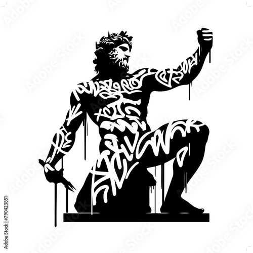 poseidon; deity mythology silhouette, deity in graffiti tag, hip hop, street art typography illustration.