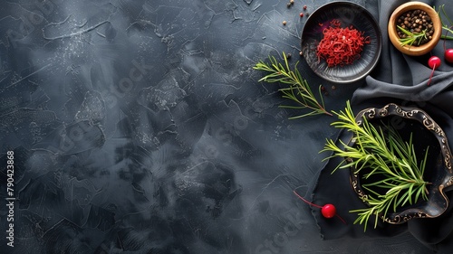 Dark tabletop with herbs, spices, and black napkin, top view