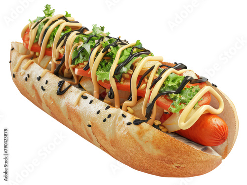 Hot dog sandwich with mustard ketchup and vegetables isolated on a transparent background. Concept of fast food, sausage, uhealthy foods photo