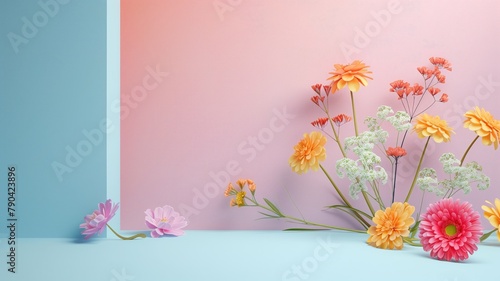 Colorful flowers against dual blue-pink background with clear division photo