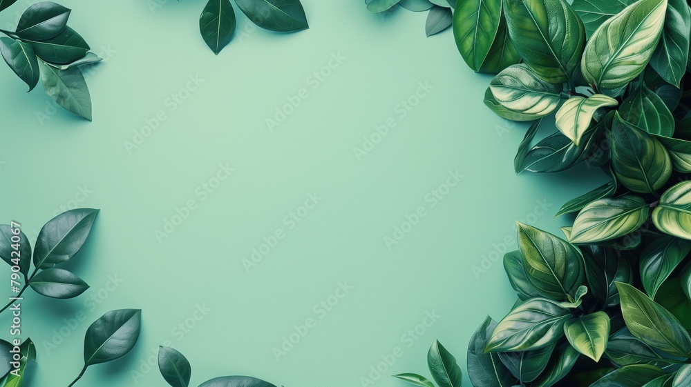 Green leaves on pale turquoise background with copy space - obrazy, fototapety, plakaty 