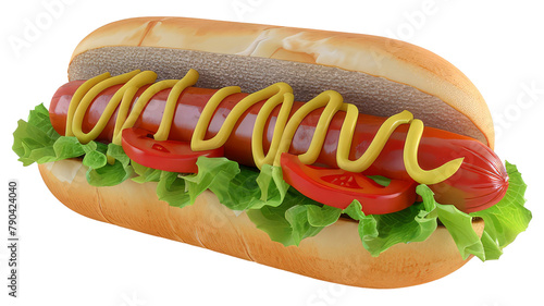 Hot dog sandwich with mustard tomato and lettuce isolated on a transparent background. Concept of fast food, sausage, uhealthy foods