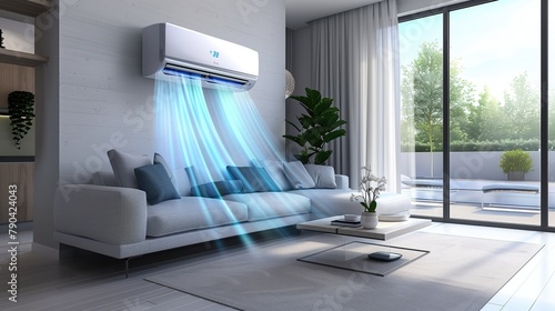 A room with the air conditioner encompasses blue waves of clean air photo