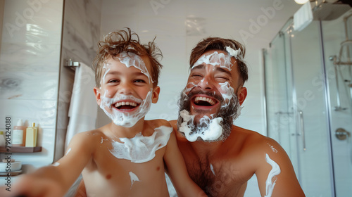 Father and son laughing in the bathroom with their faces covered in shaving foam, moments of joy, Father's Day