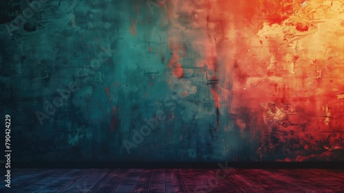 Abstract blue and red grunge background with wooden floor