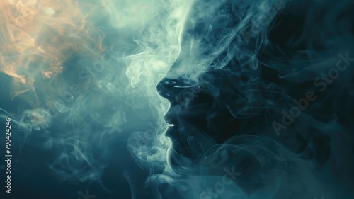 Artistic portrayal of face emerging from blue smoke with mystical ambiance