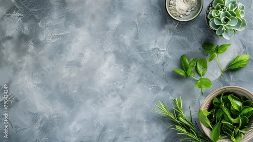 Assorted fresh herbs on textured gray background, space for text