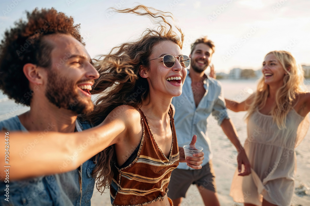 A group of friends laughing, playing games, and enjoying the sunny beach together.