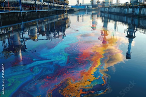 Environmental pollution, industrial oil spill polluting water surface