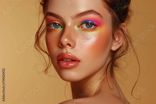 Beauty portrait of a young woman with bright and colorful makeup, with bright eyeshadows and glossy lips on a beige studio background