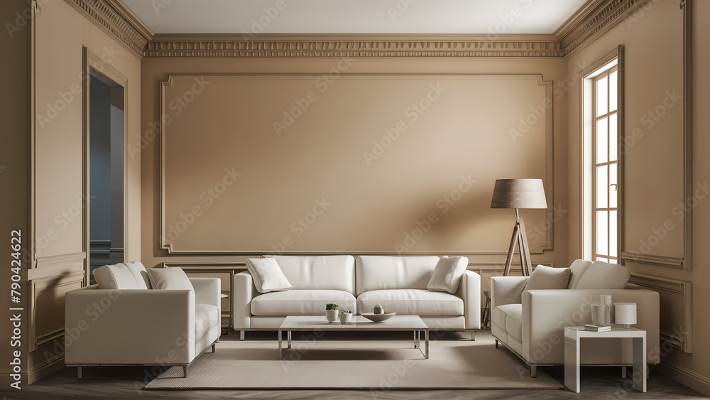 Beige room interior, living room interior mockup, empty beige wall, 3d rendering