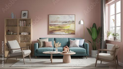 living room interior mockup, empty beige wall, 3d rendering