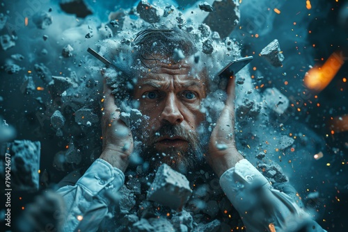 A high-energy image capturing a man's face pushing through shattered glass, depicting drama and action
