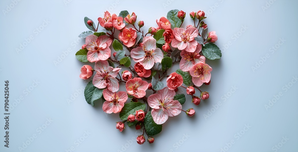Heart-Shaped Flower Arrangement with Pink Red Blooms and Green Foliage on Light Gray Background Heart-Shaped Flower Arrangement with Pink Red Blooms and Green Foliage on Light Gray Background
