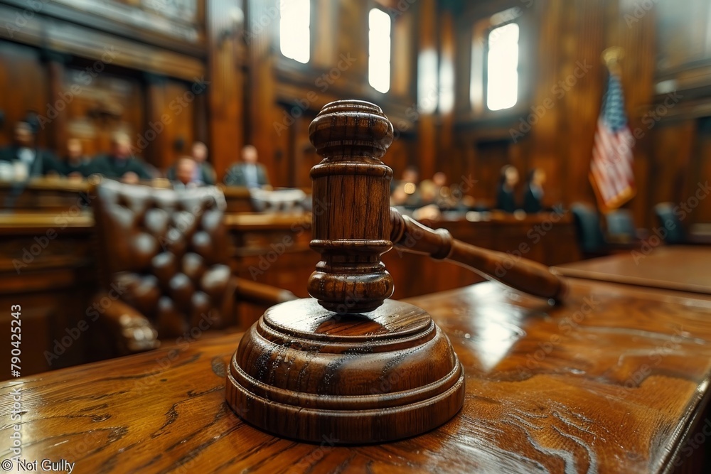 The central image of a polished wooden gavel on a courtroom table, symbolizing law, justice, and courtroom proceedings The central image of a polished wooden gavel on a courtroom table, symbolizing law, justice, and courtroom proceedings