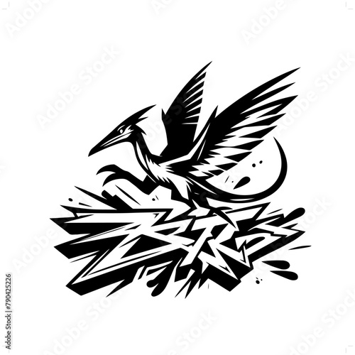 Pteranodon silhouette, people in graffiti tag, hip hop, street art typography illustration.