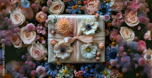 Beautifully Wrapped Gift with Pink Ribbon Surrounded by Colorful Flowers