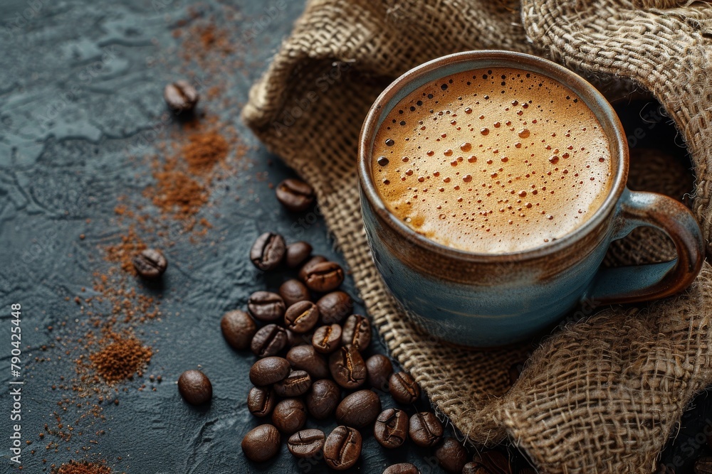 A freshly brewed cup of coffee nestled in rustic burlap with whole coffee beans scattered on a dark surface, inviting a sense of warmth A freshly brewed cup of coffee nestled in rustic burlap with whole coffee beans scattered on a dark surface, inviting a sense of warmth